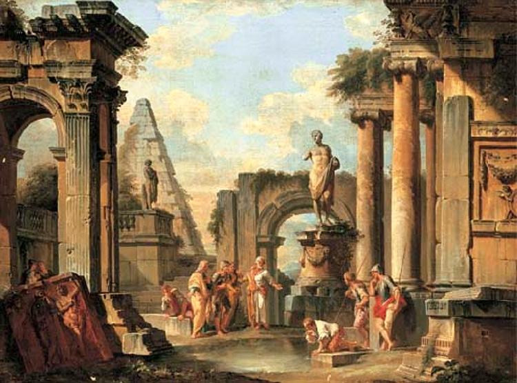 Giovanni Paolo Panini A capriccio of classical ruins with Diogenes throwing away his cup oil painting image